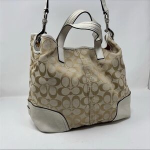 Coach Hadley Signature Cream/Tan Canvas Duffle Tote Bag Leather Handles F28981